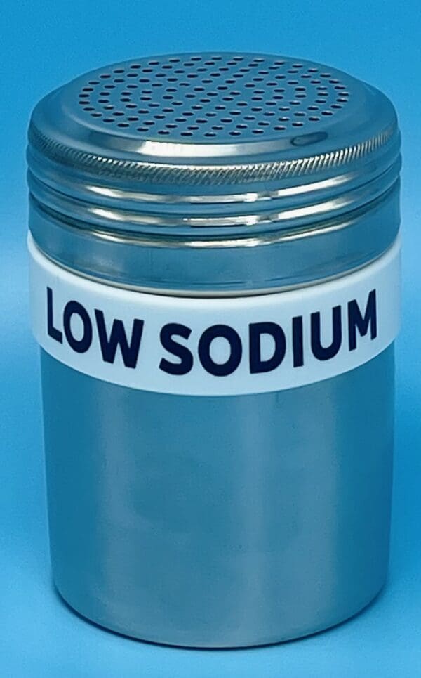 A container with the lid off of it that says low sodium.