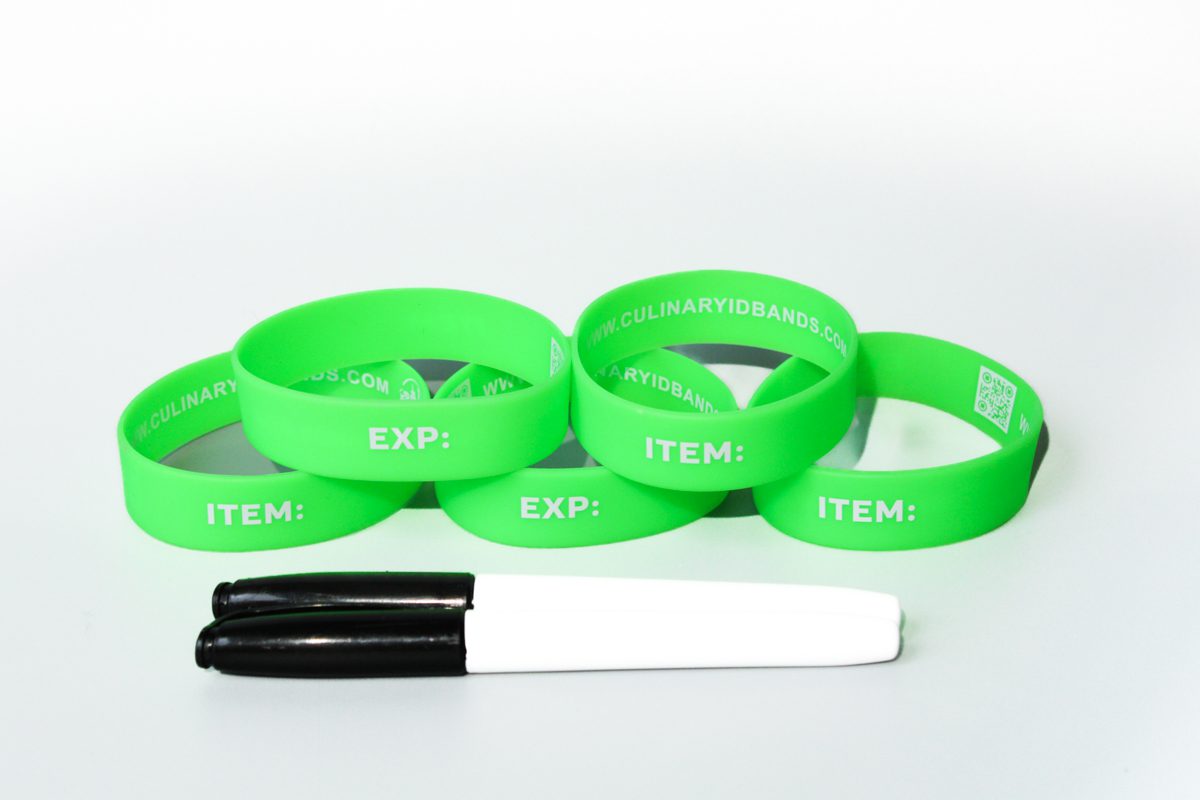 A group of green bracelets with the word " item " written on them.