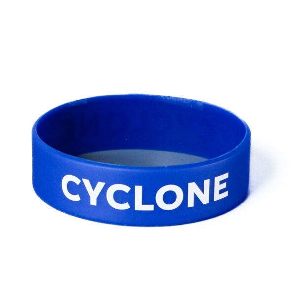 A blue wristband with the word " cyclone " written on it.