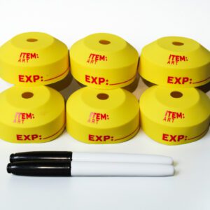 A group of yellow markers and six rolls of tape.