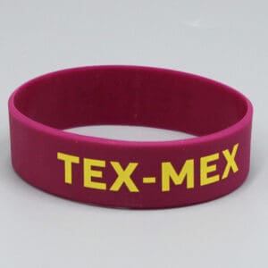 Maroon wristband with "TEX-MEX" in yellow.