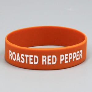 Orange bracelet with "Roasted Red Pepper" text.