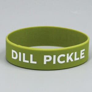 Green "Dill Pickle" wristband on display.