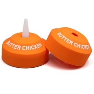 Orange bottle caps labeled "Butter Chicken".