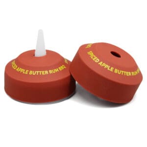 Red bottle caps with yellow text.