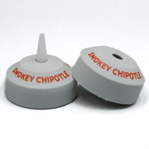 Smokey Chipotle bottle caps, white with text.