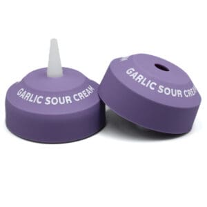 Purple garlic sour cream caps on display.