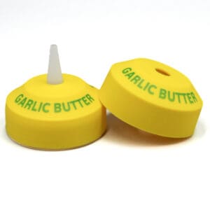 Yellow garlic butter bottle caps, text visible.