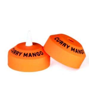 Orange cones labeled "Curry Mango" on white.