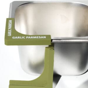 Garlic Parmesan label on metal container.