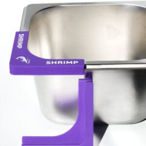 Metal container with purple shrimp holder.