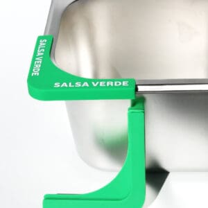 Green salsa verde label on metal container.