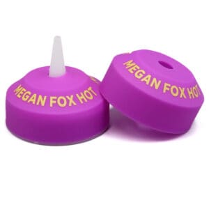 Purple bottle lids with yellow text.
