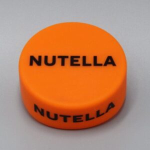 Orange Nutella lid with black text.