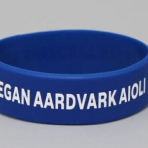 Blue wristband with "Vegan Aardvark Aioli.