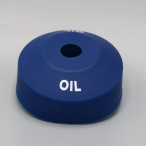 Blue oil funnel with central hole.