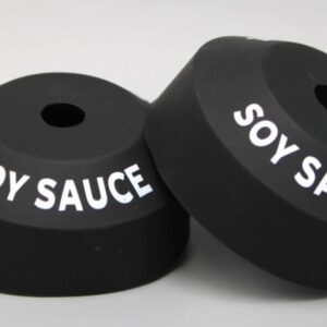 Black soy sauce bottle caps, white text.