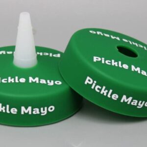 Pickle Mayo green bottle caps on display.